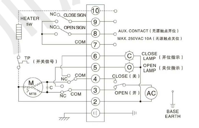 電動(dòng)高溫球閥（單項(xiàng)AC220V）接線圖 開(kāi)關(guān)型帶無(wú)源觸點(diǎn)